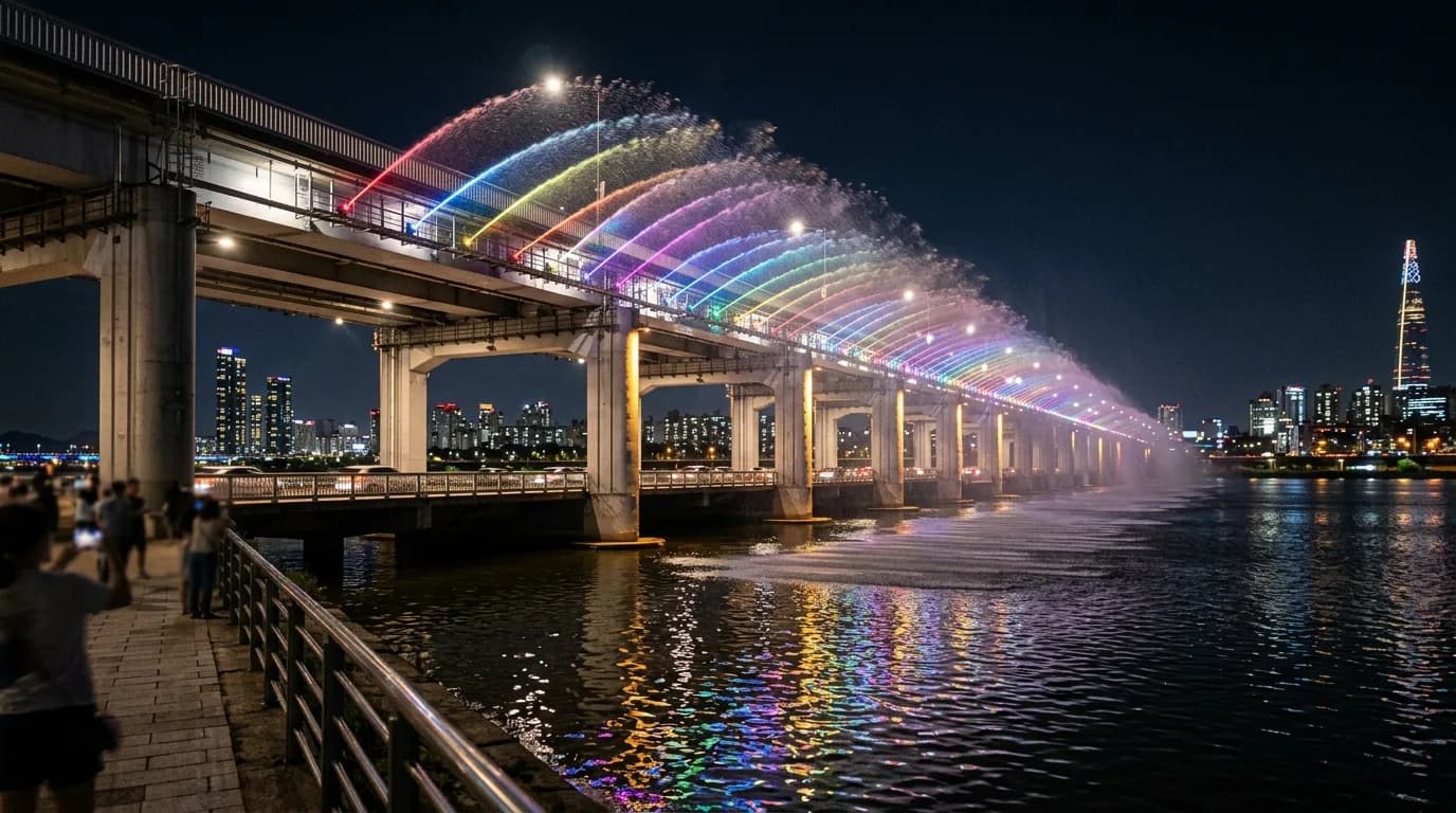 강변에서 본 반포대교와 달빛무지개분수 사진 구도