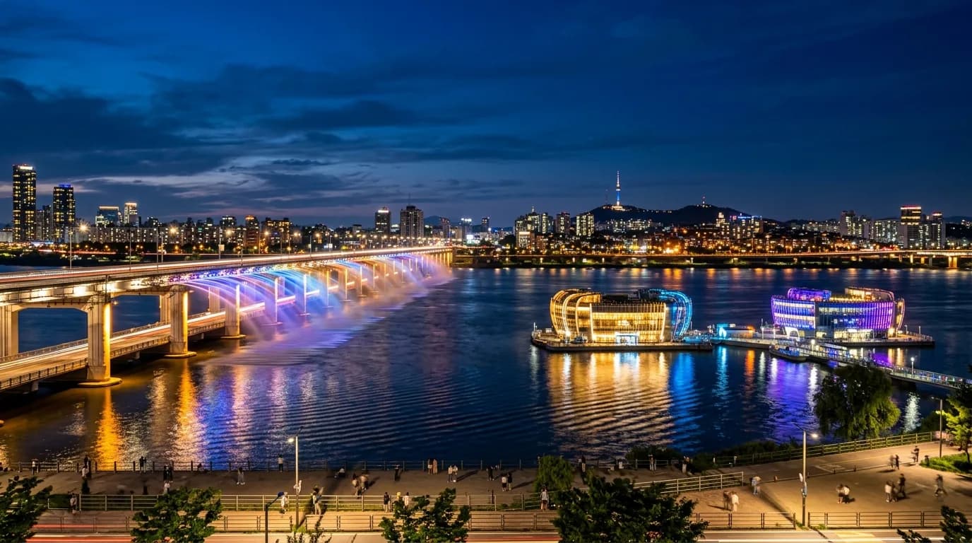 Banpo Hangang Park night view with Some Sevit and Banpo Bridge in one frame
