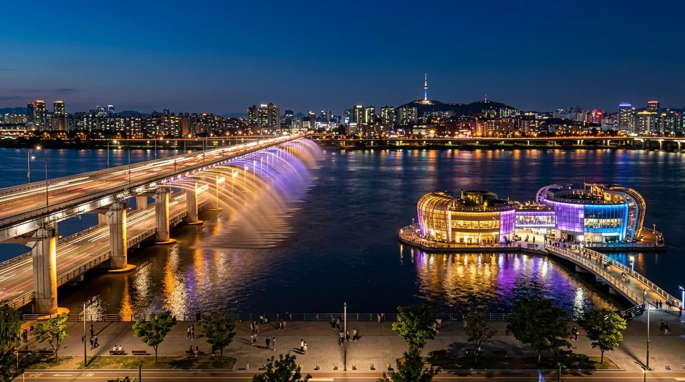 세빛섬과 반포대교가 함께 보이는 반포 한강공원 야경 시작 구간