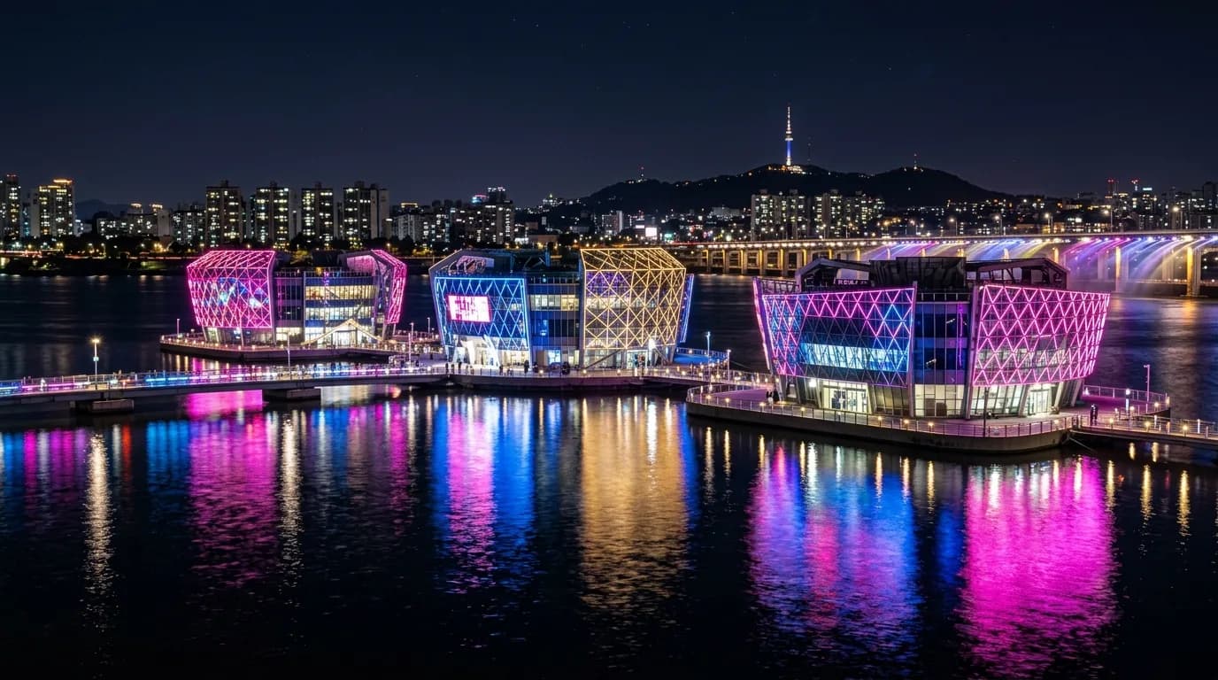 Some Sevit night view with bright reflections on the Han River in Seoul