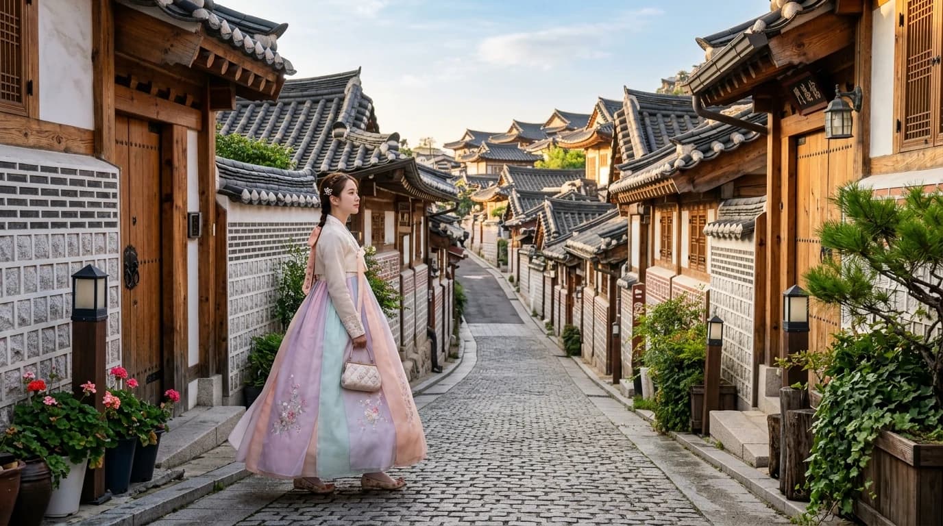 Hanbok traveler beginning a Bukchon photo route near the Anguk-side entrance