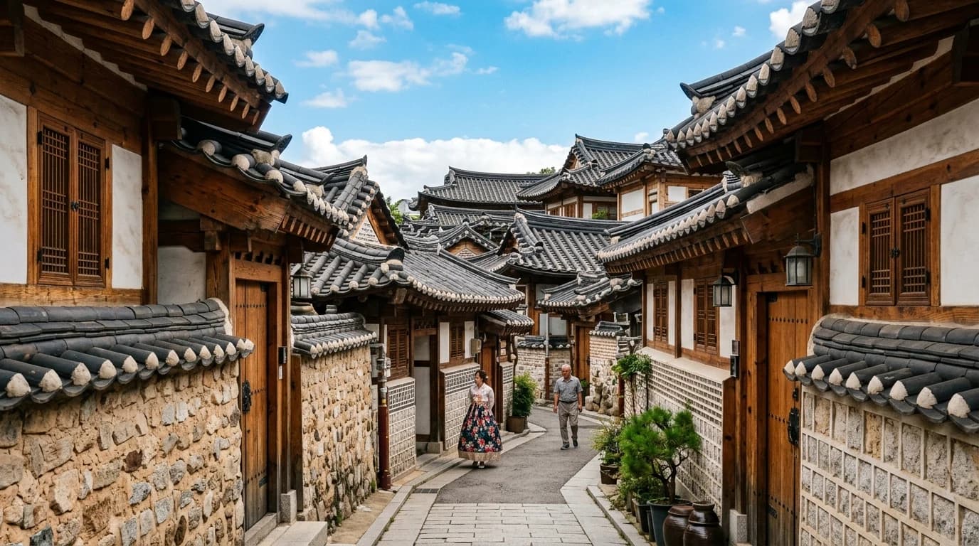 기와 지붕선과 담장이 정리된 북촌 한옥 사진 포인트