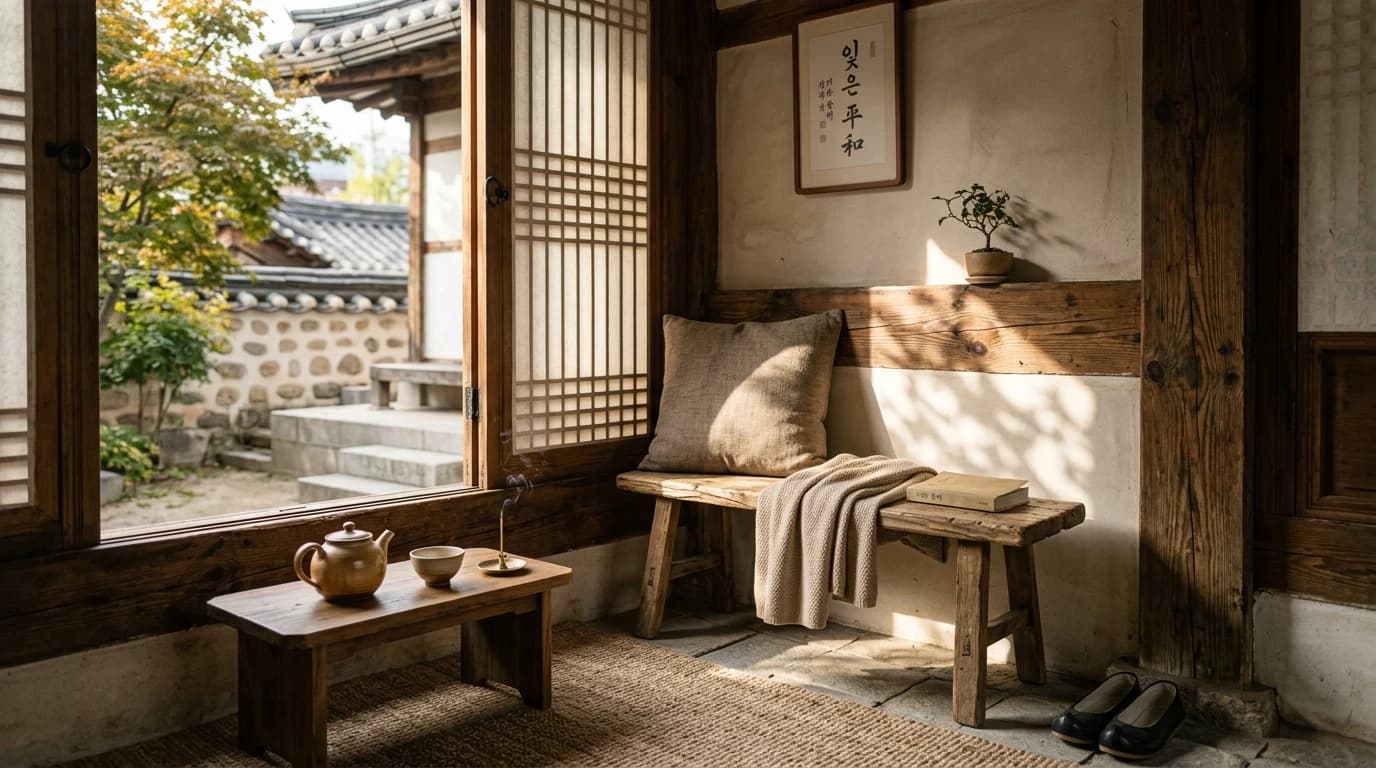 Quiet Bukchon alley corner with a softer residential hanok mood