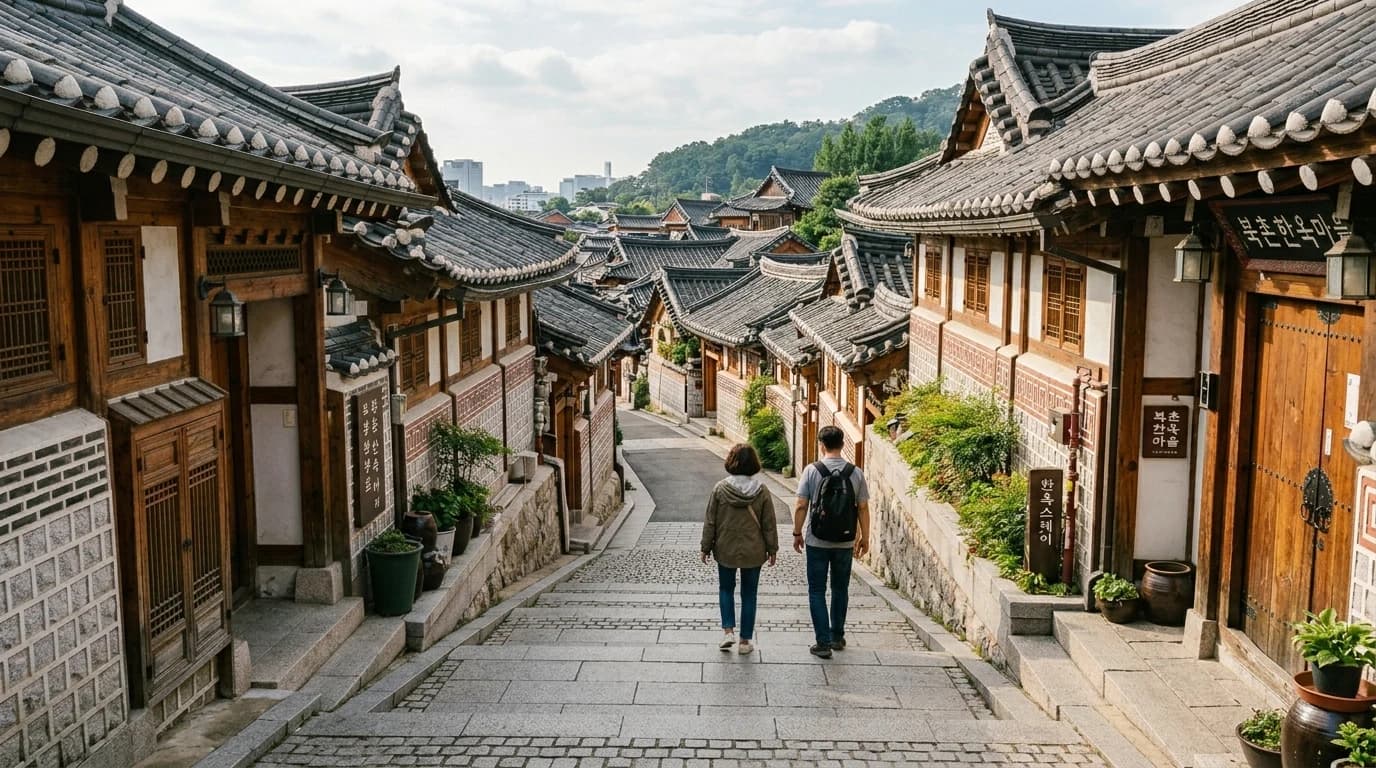 Bukchon entrance alley rising from the Anguk side with a clear hanok walking route