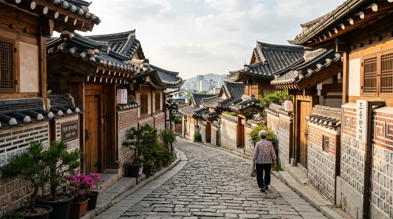 안국역에서 북촌으로 들어가는 완만한 골목 입구와 한옥 산책 동선