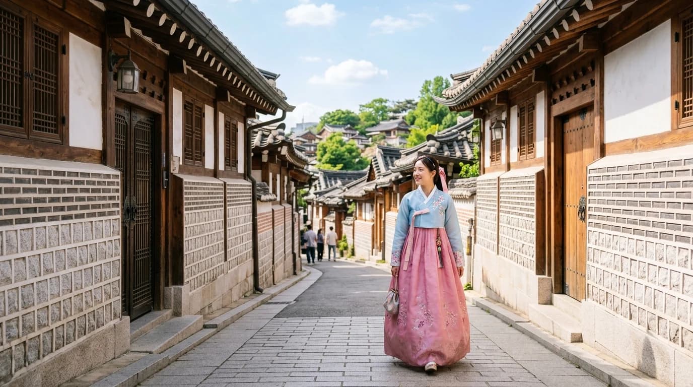 Hanbok-friendly Bukchon alley scene with a clearer traditional photo background
