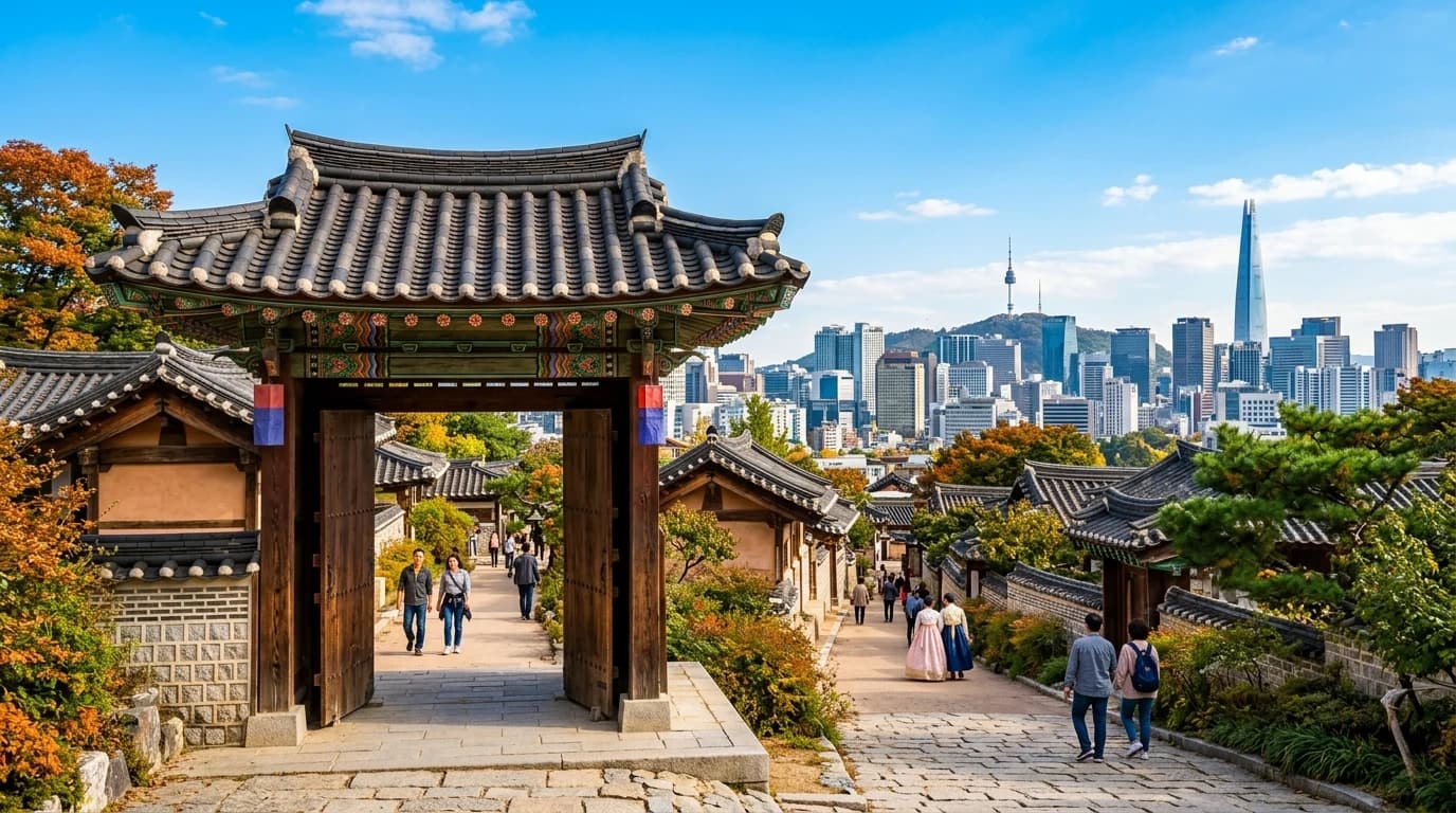 Seoul skyline opening beyond Bukchon Hanok Village rooftops
