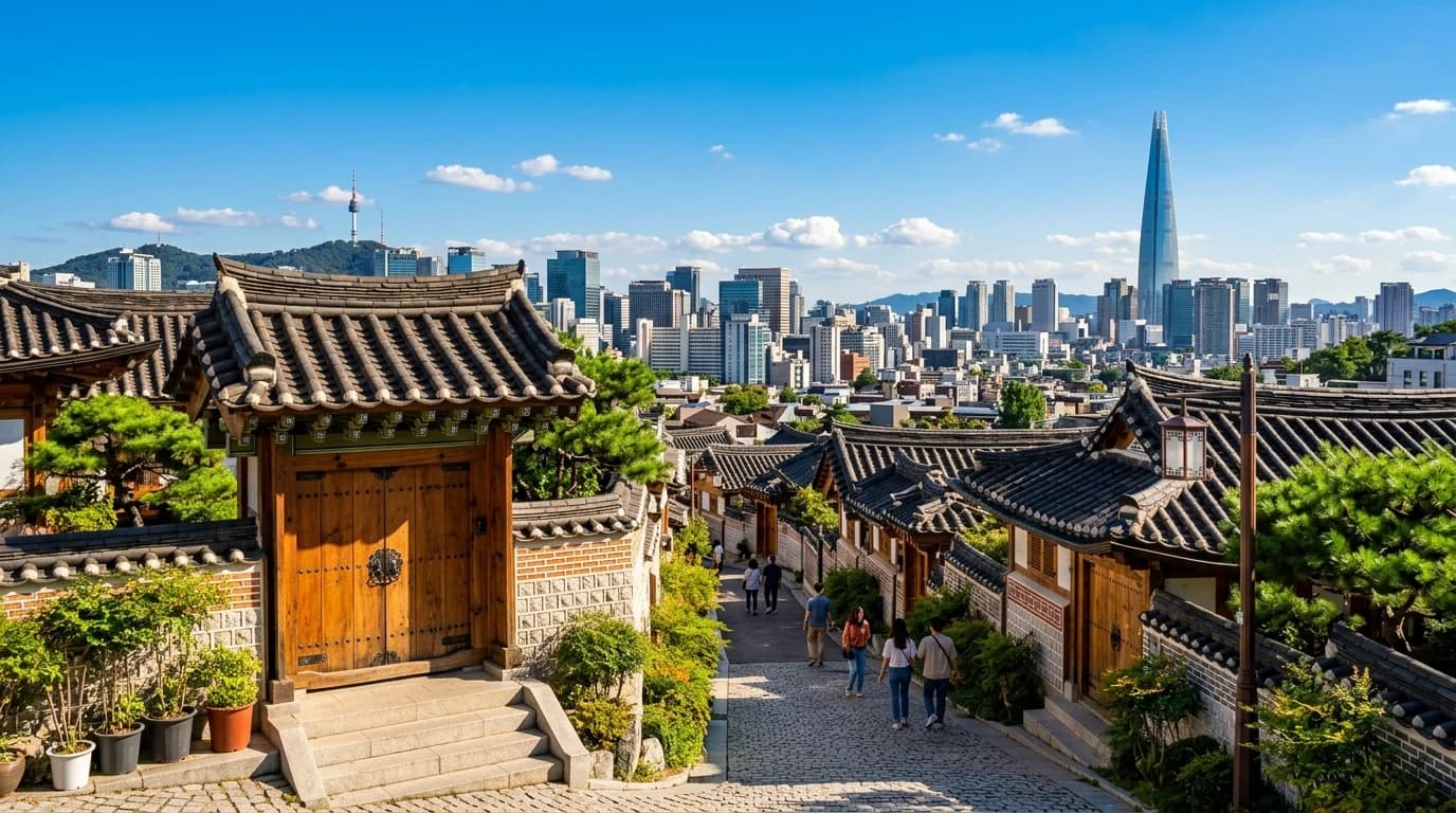 북촌 한옥 지붕 너머로 서울 도심이 겹쳐 보이는 전망