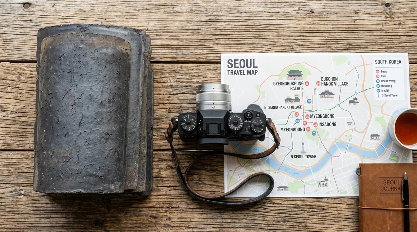 Hanok roof and camera suggesting different Seoul travel photography styles