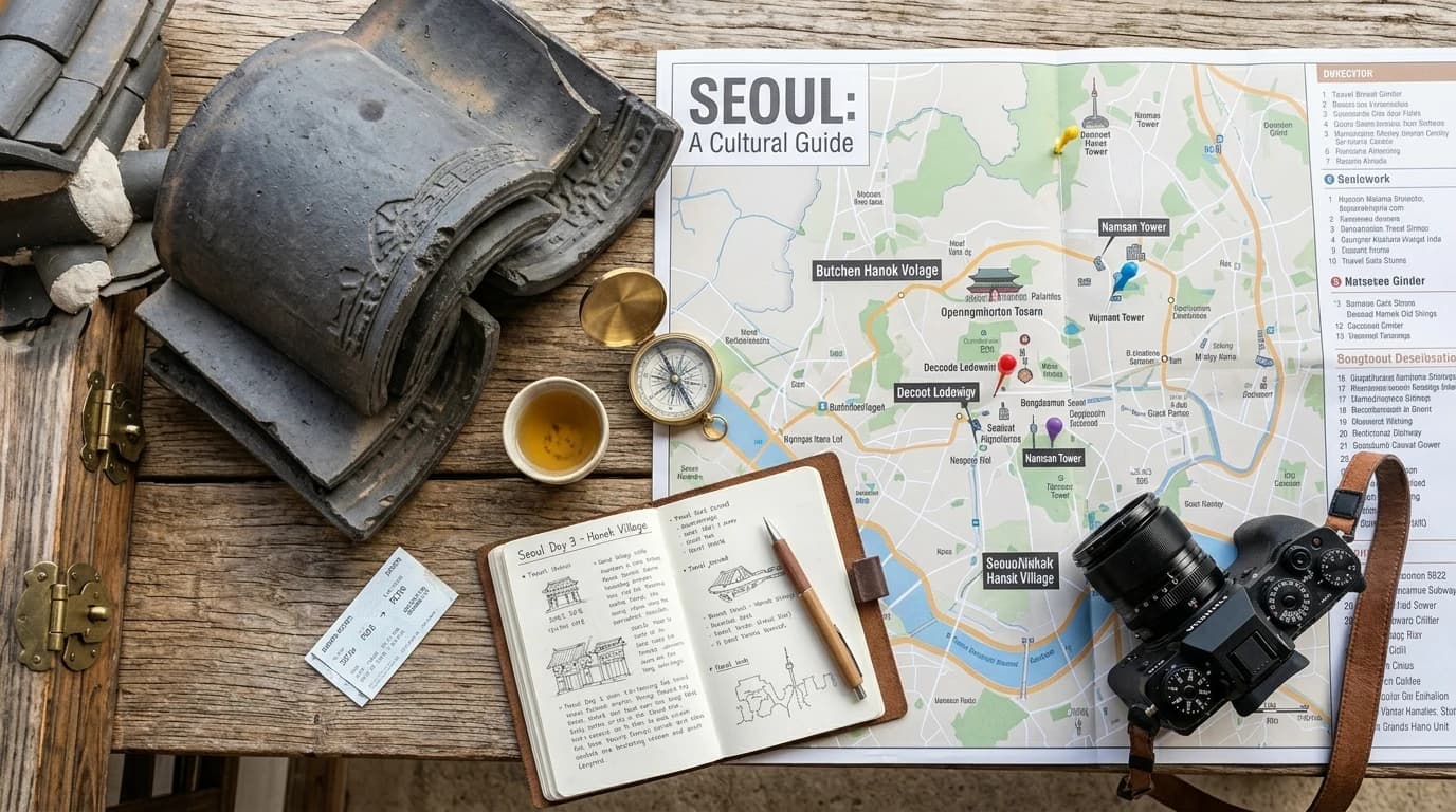 기와 지붕 아래 놓인 카메라가 서울 여행 사진 취향 선택을 보여 주는 장면