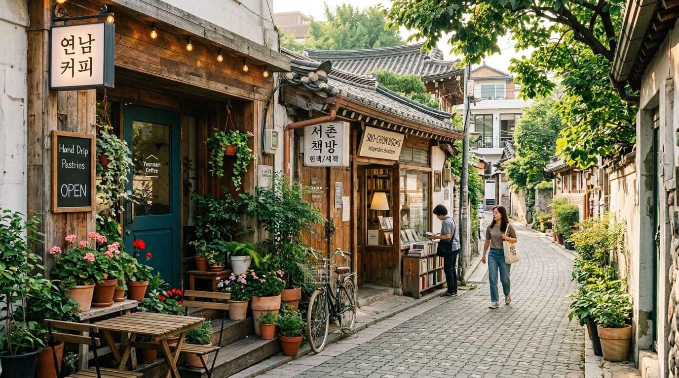 Cozy Seochon alley with cafes and local shops shaping a lived-in walking route
