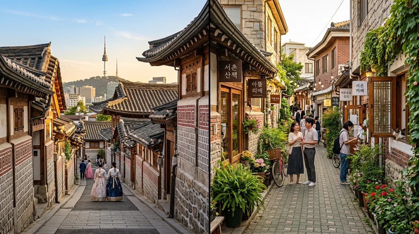 Side-by-side walking mood comparison between Bukchon and Seochon in Seoul