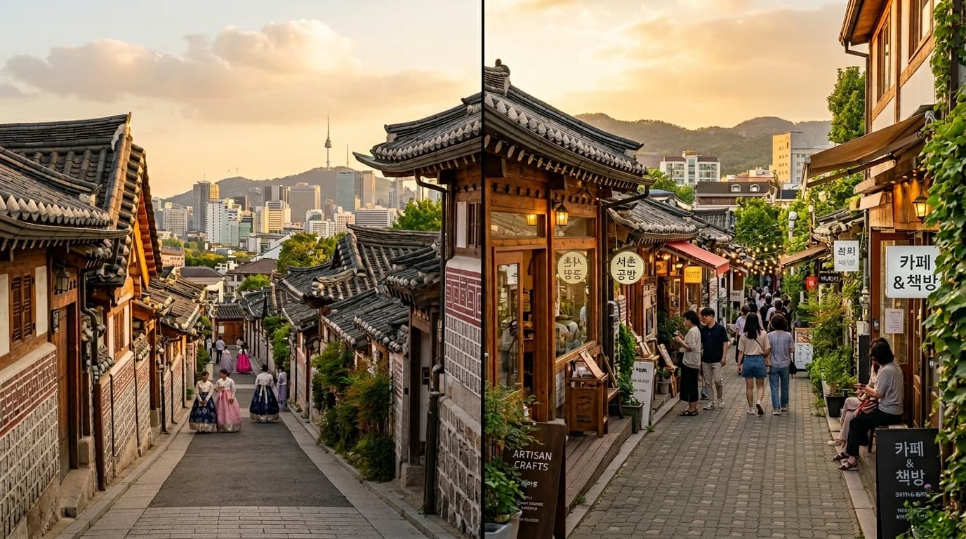 북촌 한옥마을과 서촌 골목길 분위기를 한눈에 비교하는 종로 산책 장면