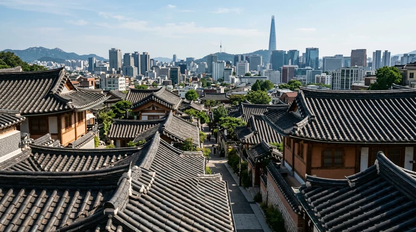 Layered giwa roofs in Bukchon with the Seoul city background behind them