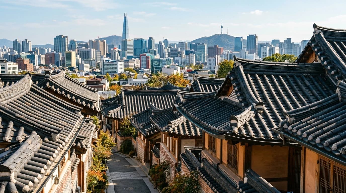 기와지붕이 겹치고 서울 도심 배경이 함께 보이는 북촌 촬영 포인트