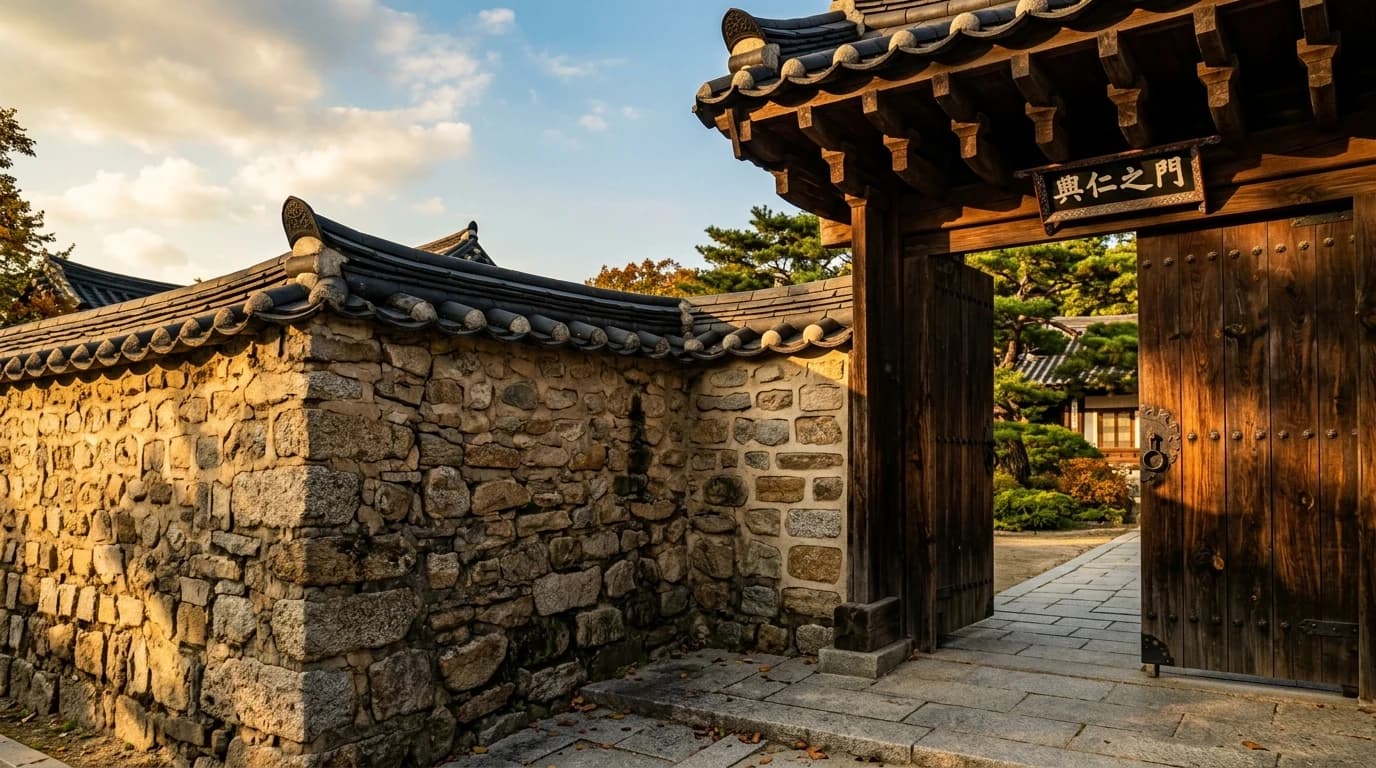 Golden hour light shaping a stone wall in a Bukchon hanok alley