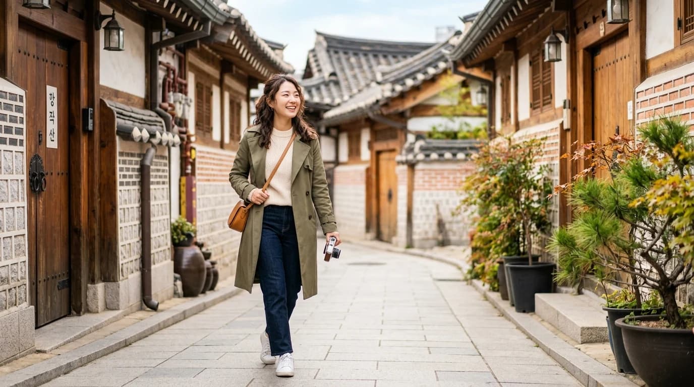 Traveler portrait framed by a narrow Bukchon alley in Seoul