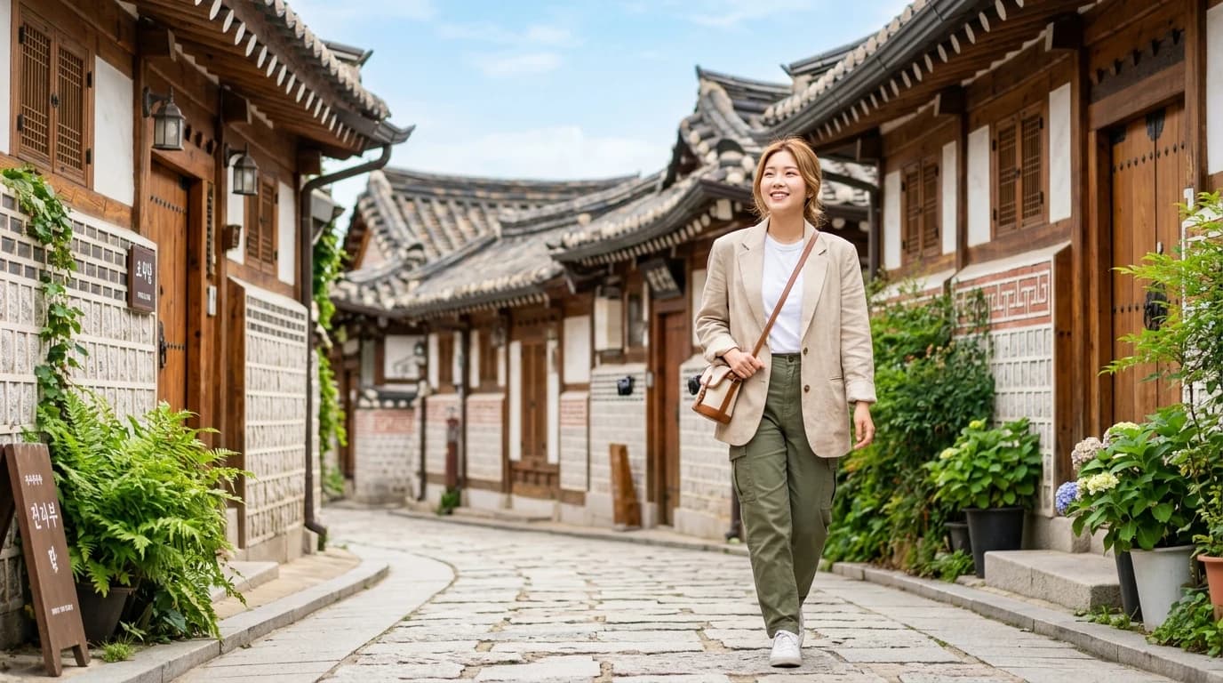 좁은 북촌 골목에서 인물 중심 구도가 잘 잡히는 여행 사진 장면