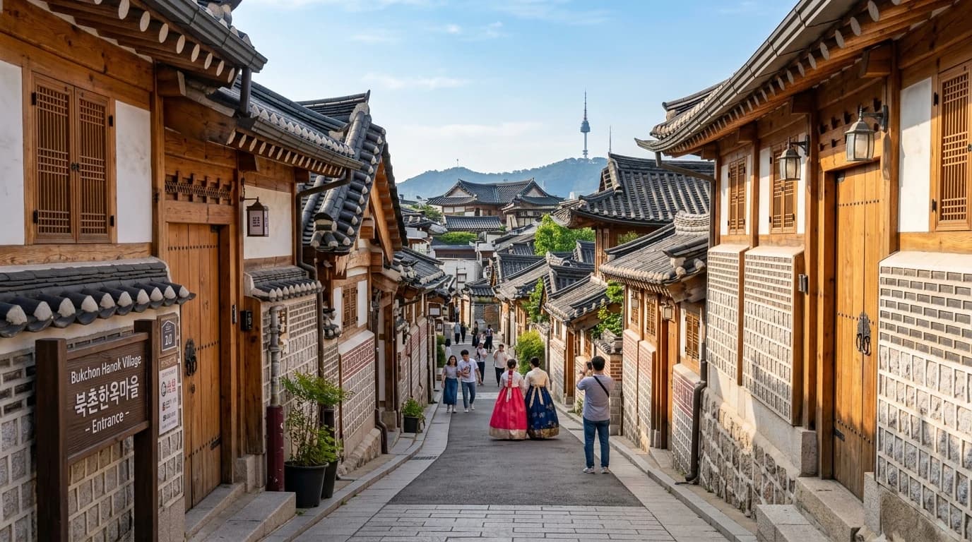 Bukchon entrance near Anguk station where the first hanok photo route begins