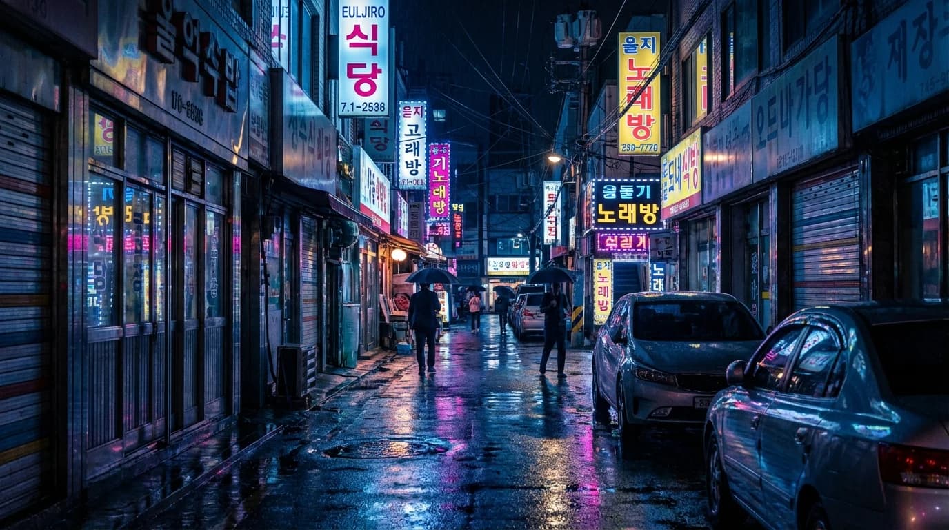 Neon signs and wet reflections shaping an Euljiro night street photo frame