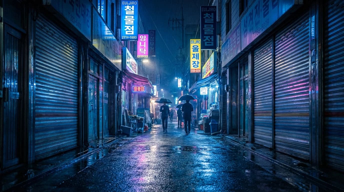 간판 불빛과 바닥 반사가 살아 있는 을지로 야간 스냅 골목