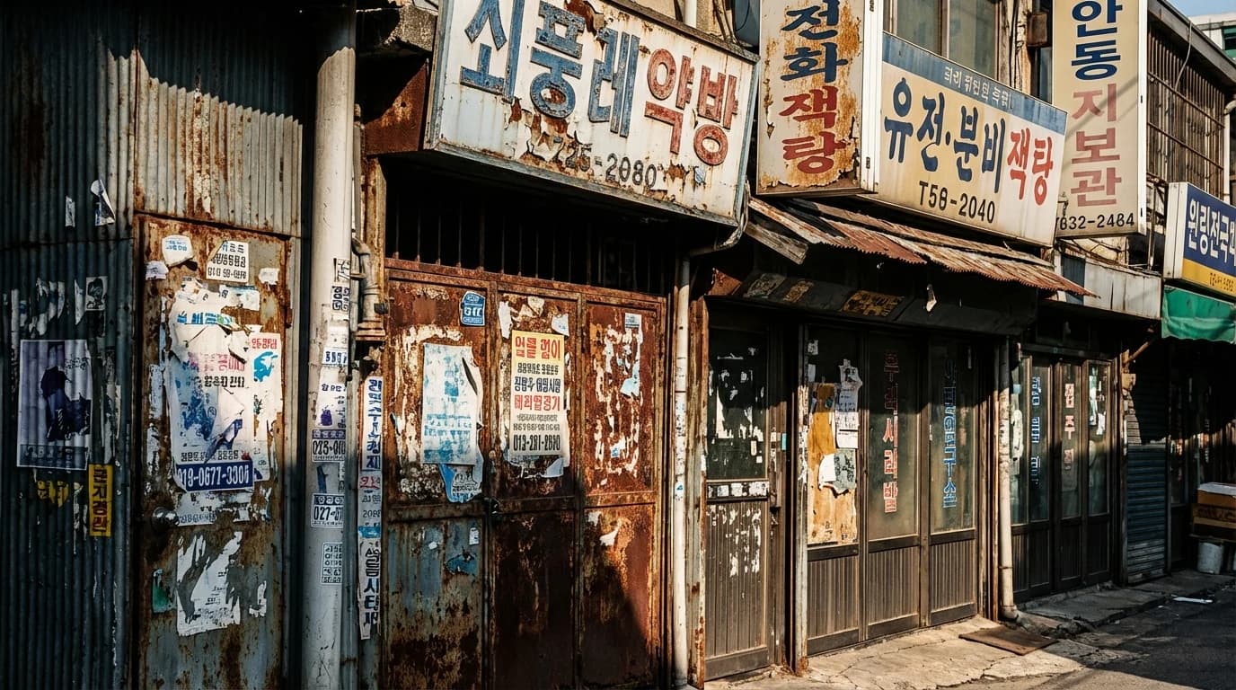 Rough wall texture and old shop signs layered inside an Euljiro vintage alley