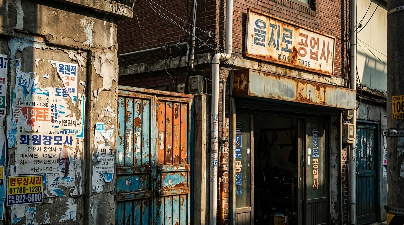 거친 벽면과 낡은 간판이 겹치는 을지로 빈티지 골목 질감