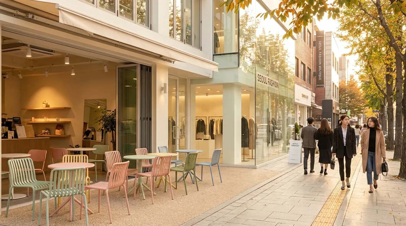 Garosu-gil cafe terrace and fashion boutique frontage blending into one Seoul shopping walk