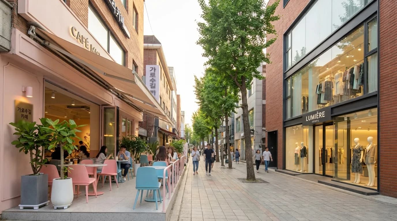 가로수길 카페 테라스와 패션 편집숍 전면이 이어지는 신사동 쇼핑 산책 장면