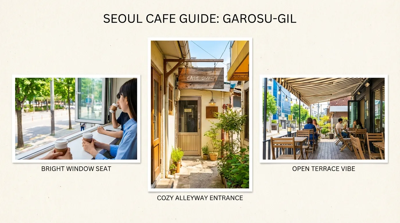 Simple Garosu-gil cafe route showing how first-time visitors can move between photo points