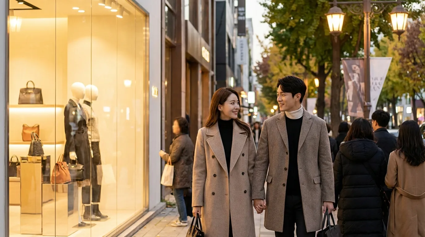 Evening date-walk route passing fashion boutiques along Garosu-gil in Sinsa-dong