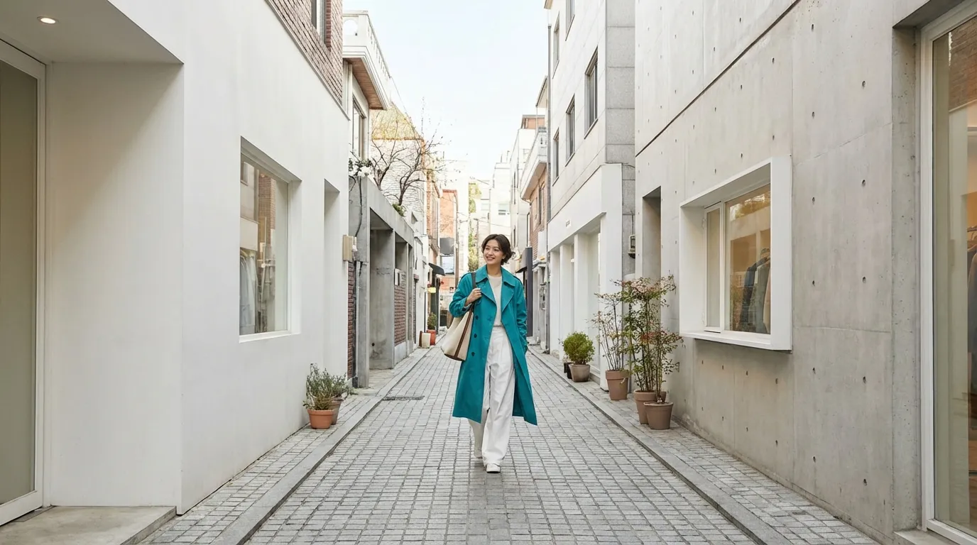 Stylish lifestyle scene in a quieter alley of Garosu-gil with a slower Seoul walking rhythm