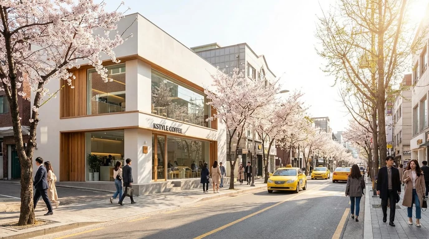 Main-street cafe frontage along Garosu-gil showing an easy Sinsa cafe photo starting point