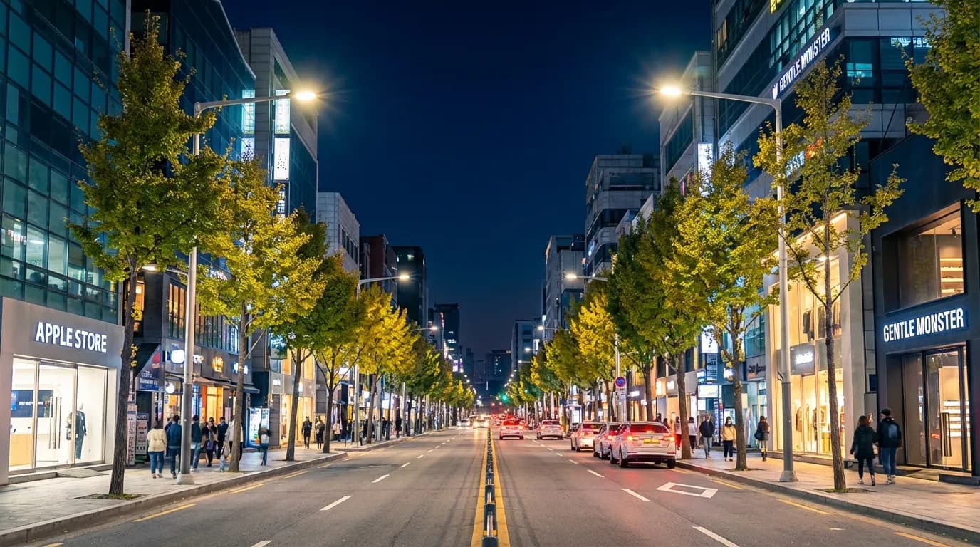 Tree-lined main street in Garosu-gil showing an easy evening route for first-time visitors