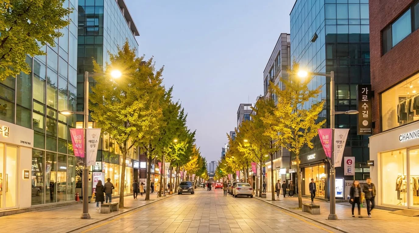 신사동 가로수길 메인 스트리트를 따라 걷는 초보 방문자용 저녁 산책 루트 장면