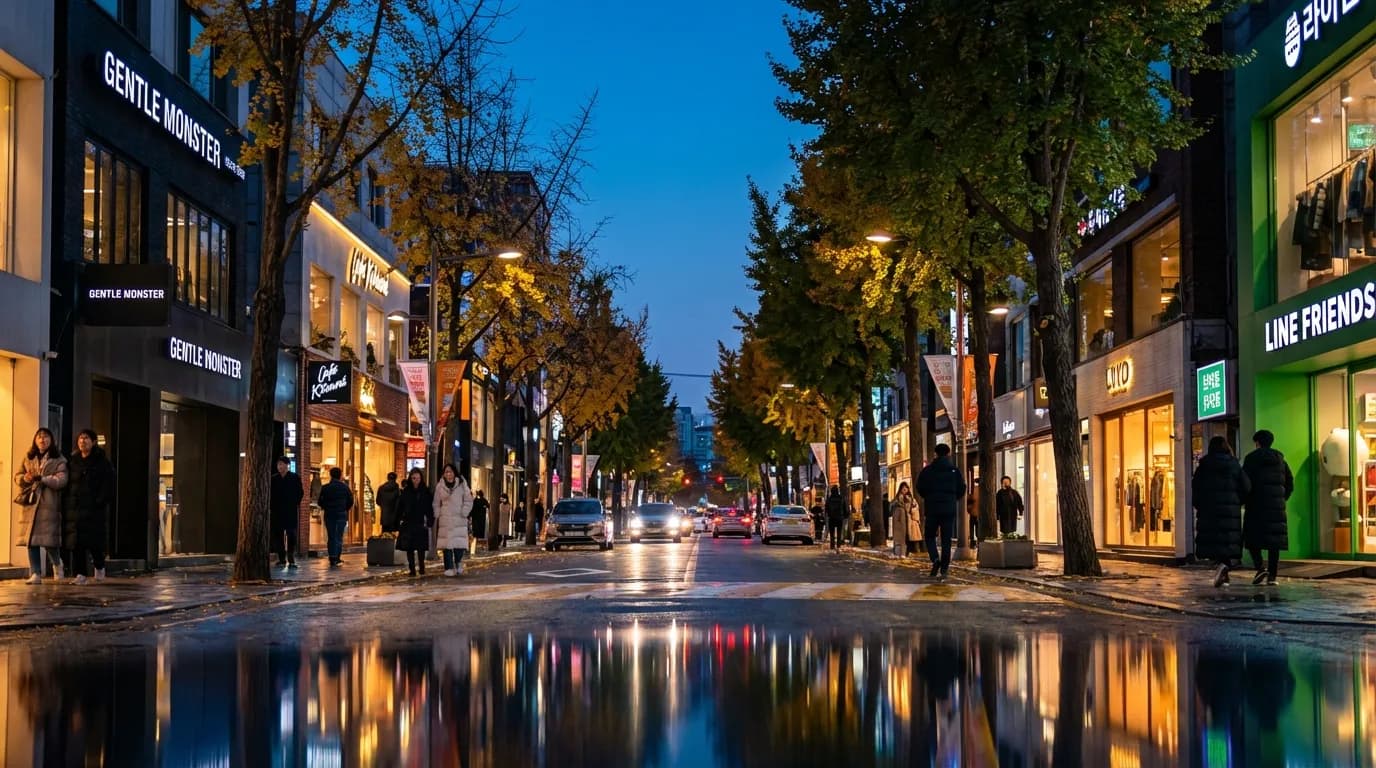 Sinsa-dong Garosu-gil night view with warm lights and an easy evening walking mood in Seoul