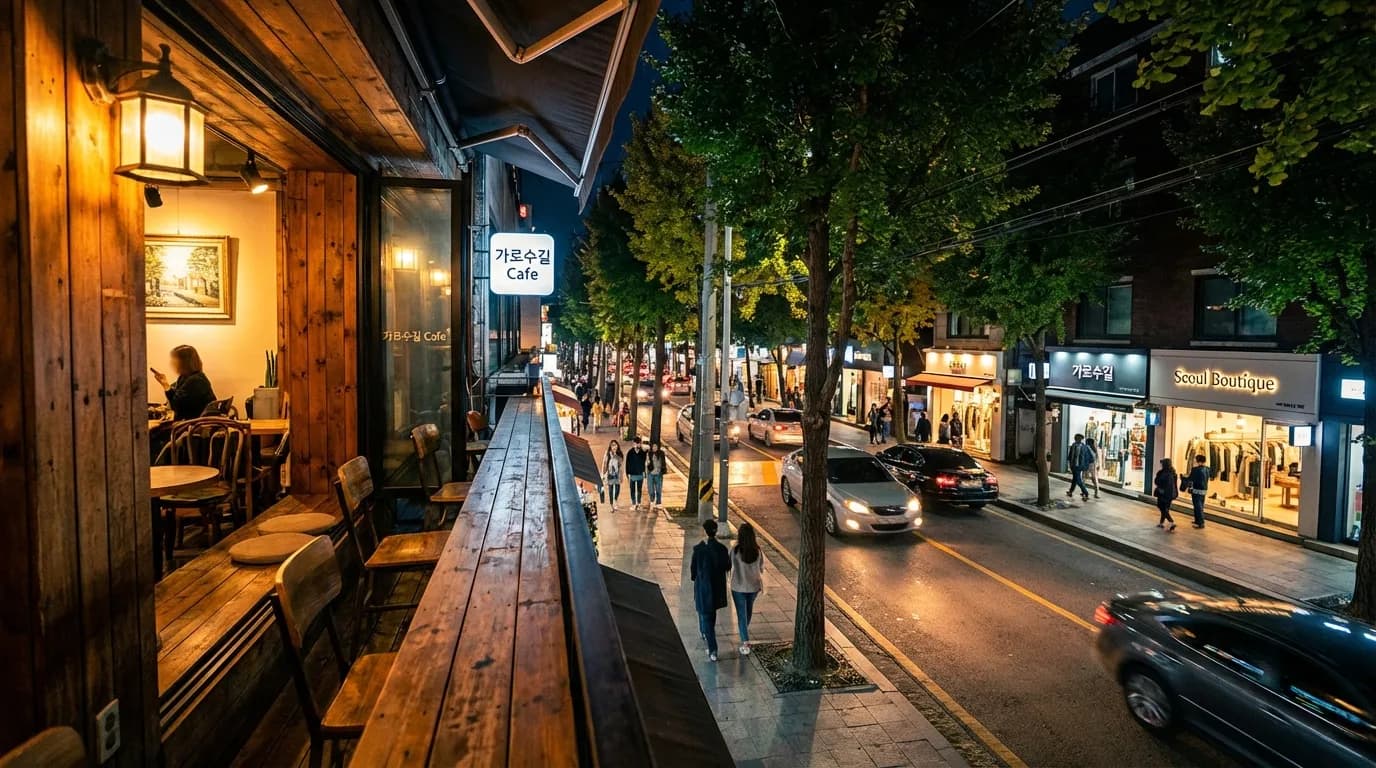 View from a Garosu-gil cafe terrace overlooking the street during a calm Seoul evening walk