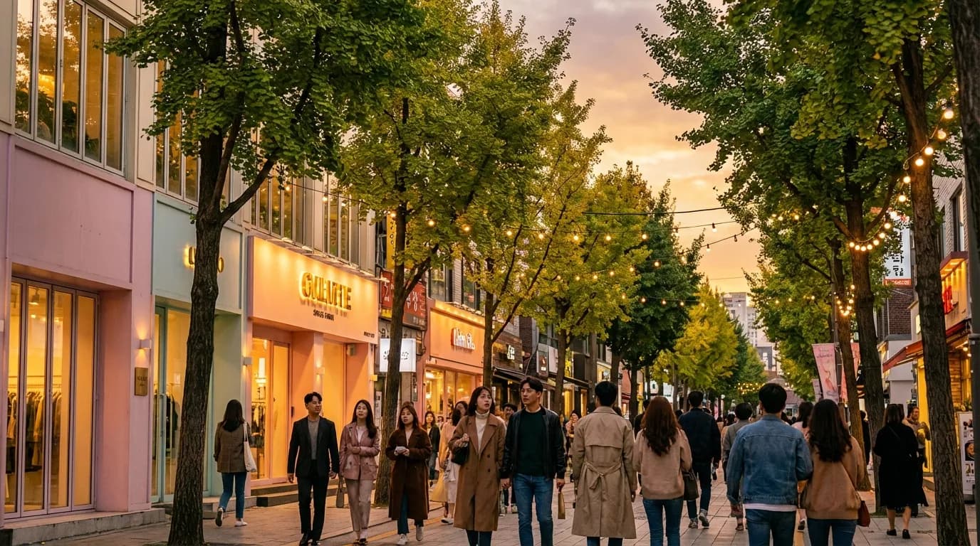Garosu-gil at sunset with warm shop lights and a calm Sinsa evening-walk starting point