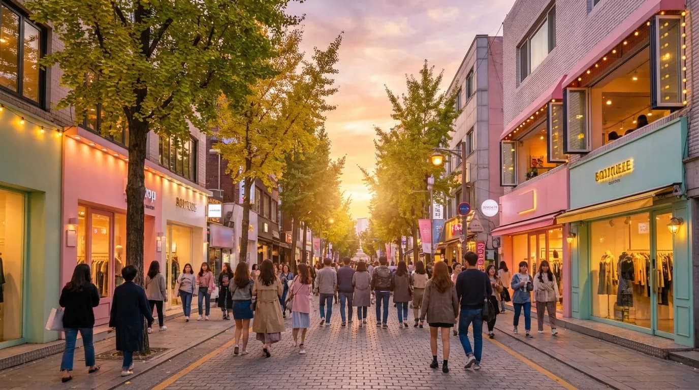 가로수길 초저녁 조명과 세련된 거리 흐름이 보이는 신사동 저녁 산책 시작 구간