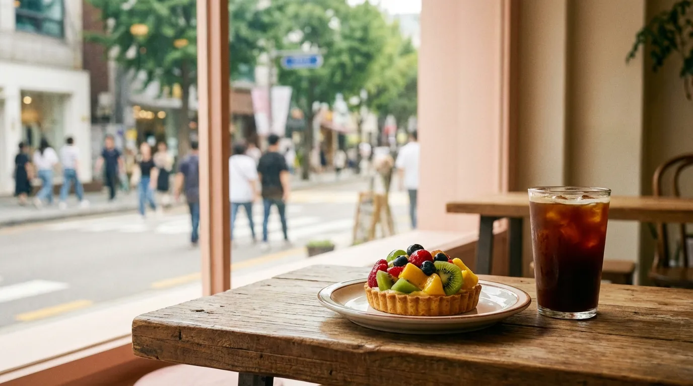 신사동 골목 안쪽 숨은 카페 입구와 간판이 보이는 가로수길 카페 포토존