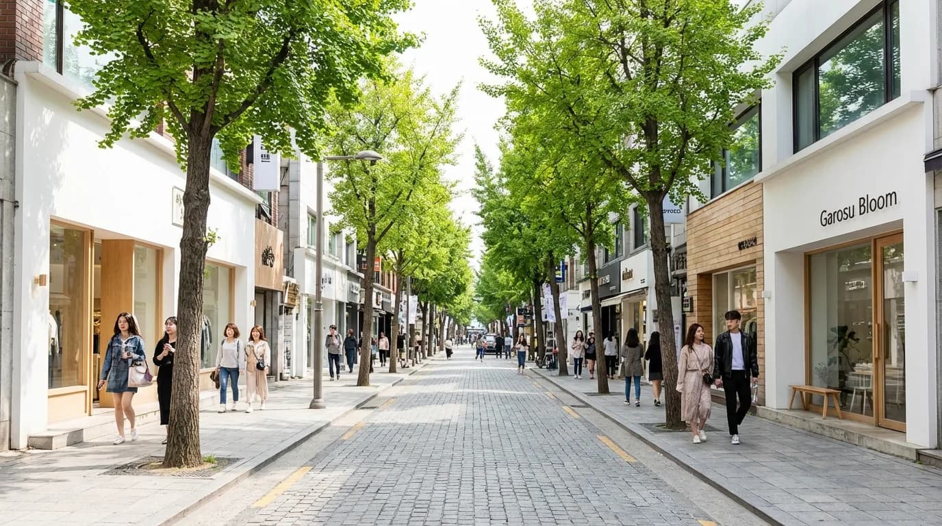 Sinsa-dong Garosu-gil main street view with trendy shops and a clear walking route in Seoul