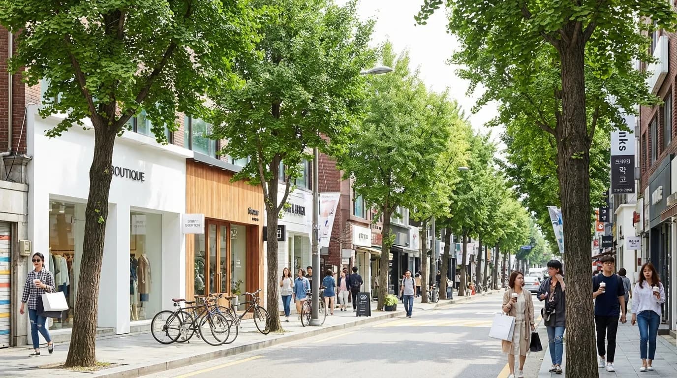 서울 신사동 가로수길 메인 거리 전경과 쇼핑 동선이 함께 보이는 가로수길 놀거리 시작 구간