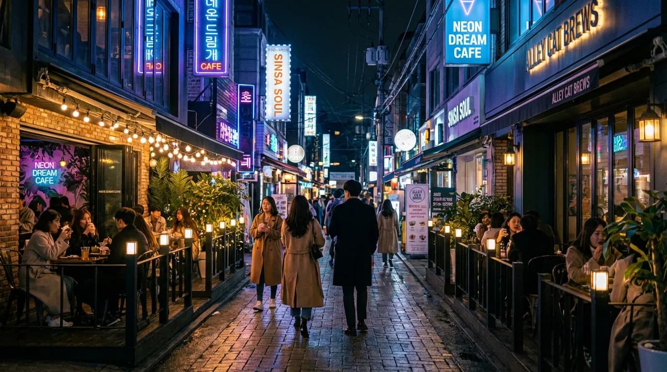 Night alley cafe terrace and neon-lit side street shaping a Garosu-gil evening mood
