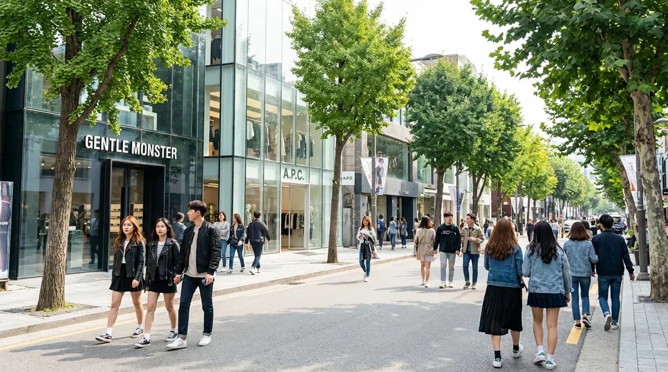 Garosu-gil main shopping street with pedestrians and fashion boutiques in Sinsa-dong Seoul
