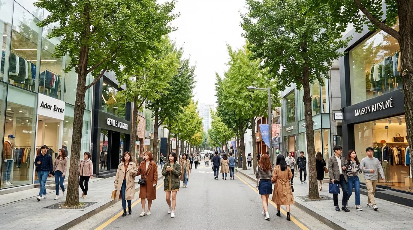 가로수길 메인 거리 쇼핑 보행로와 신사동 패션 산책 흐름이 보이는 시작 구간