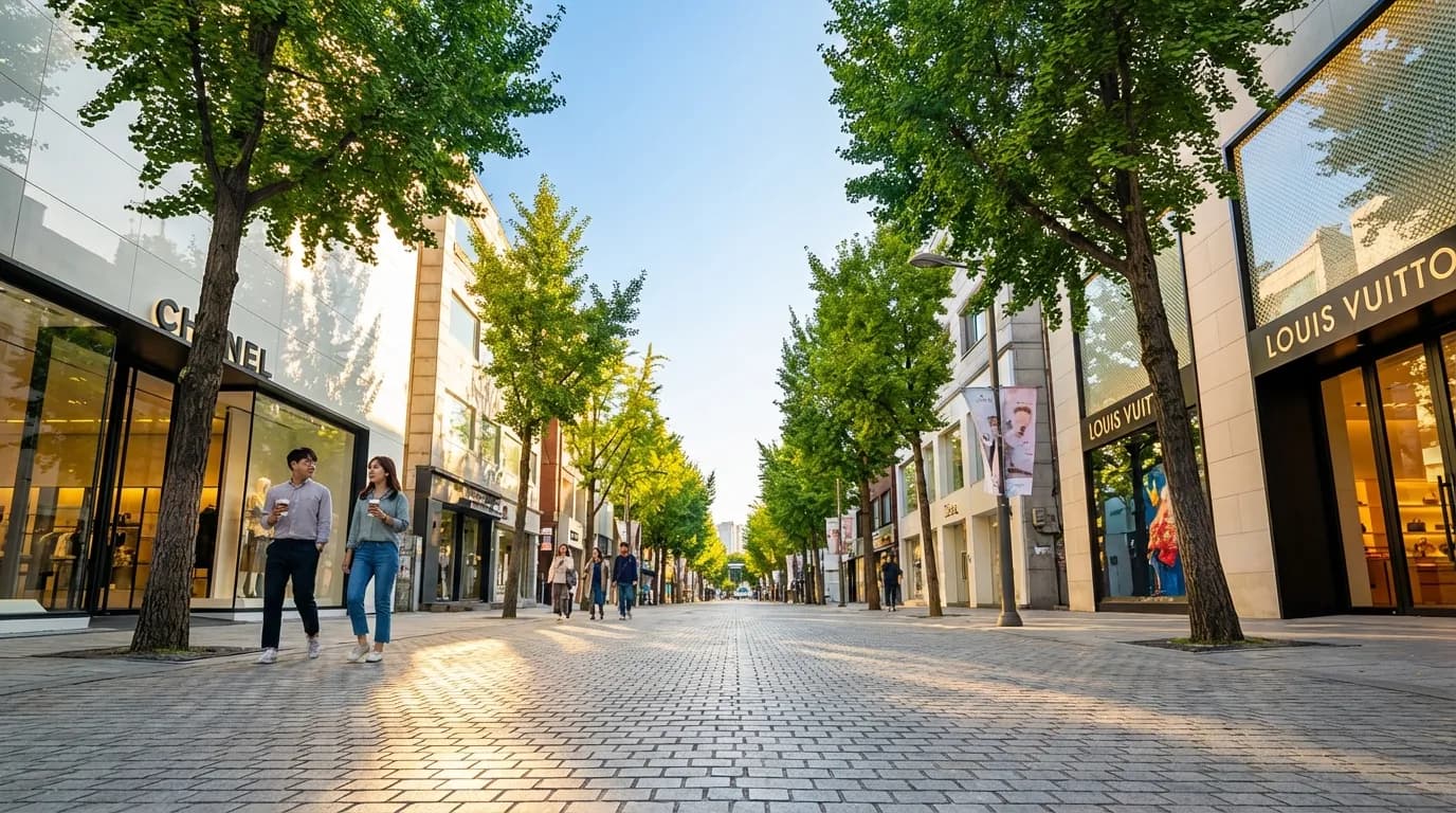 Peaceful morning street view of Garosu-gil Seoul during weekend shopping hours