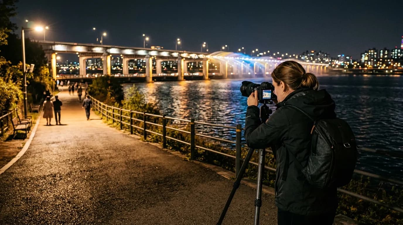 한강공원 산책로와 다리 조명이 입체적으로 겹쳐 보이는 야경 사진 구도 장면