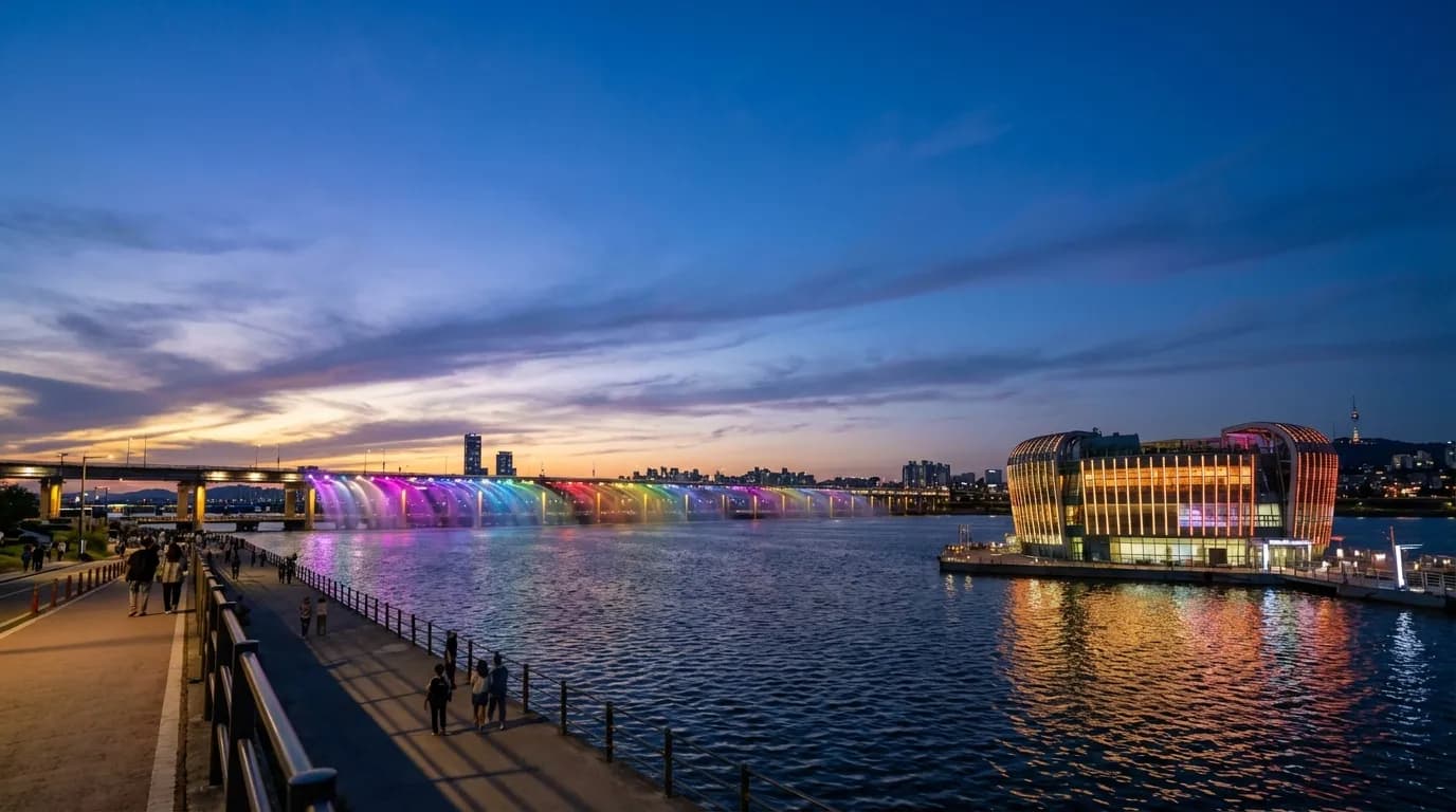 반포대교 달빛무지개분수와 세빛섬 야경이 함께 보이는 한강 야경 사진 시작 구간