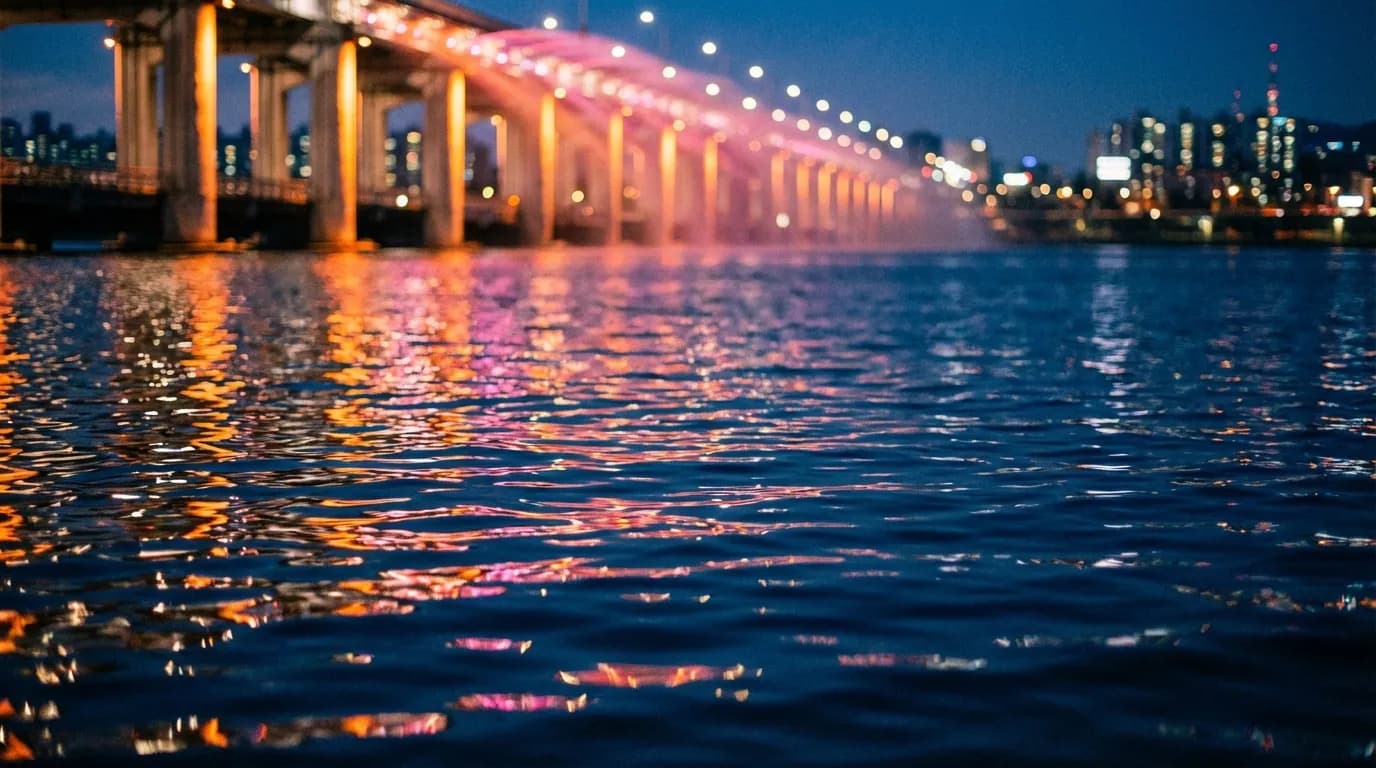 Colorful bridge-light reflections stretching across the Han River water surface at night