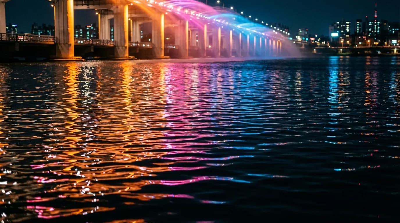한강 물결 위에 다리 조명 반사가 길게 정리된 야경 사진 촬영 장면